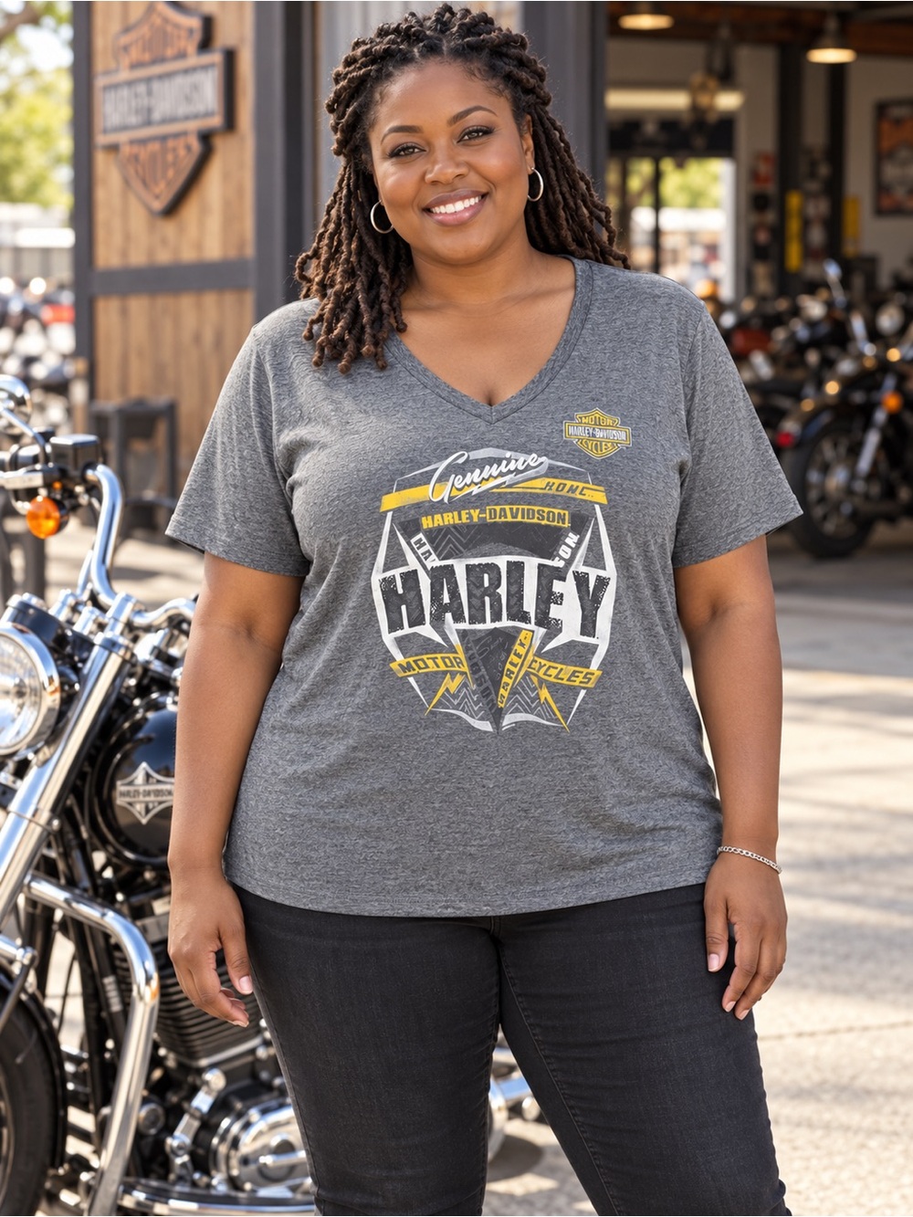 Harley-Davidson Heather Gray V-Neck Tee with Yellow Graphic